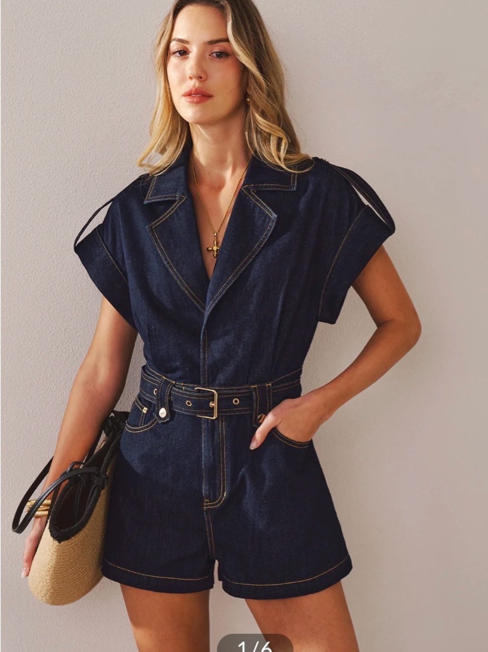 Commense Dark Blue Denim Belted Romper - Picture 2 of 4